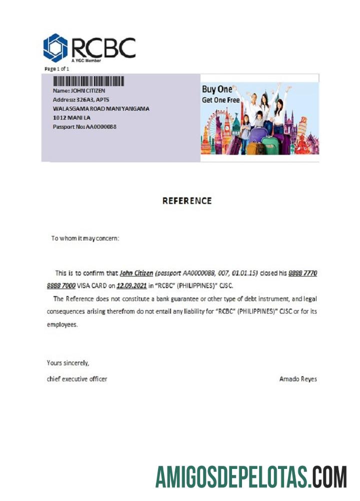 Referência de fechamento do RCBC das Filipinas exemplo real